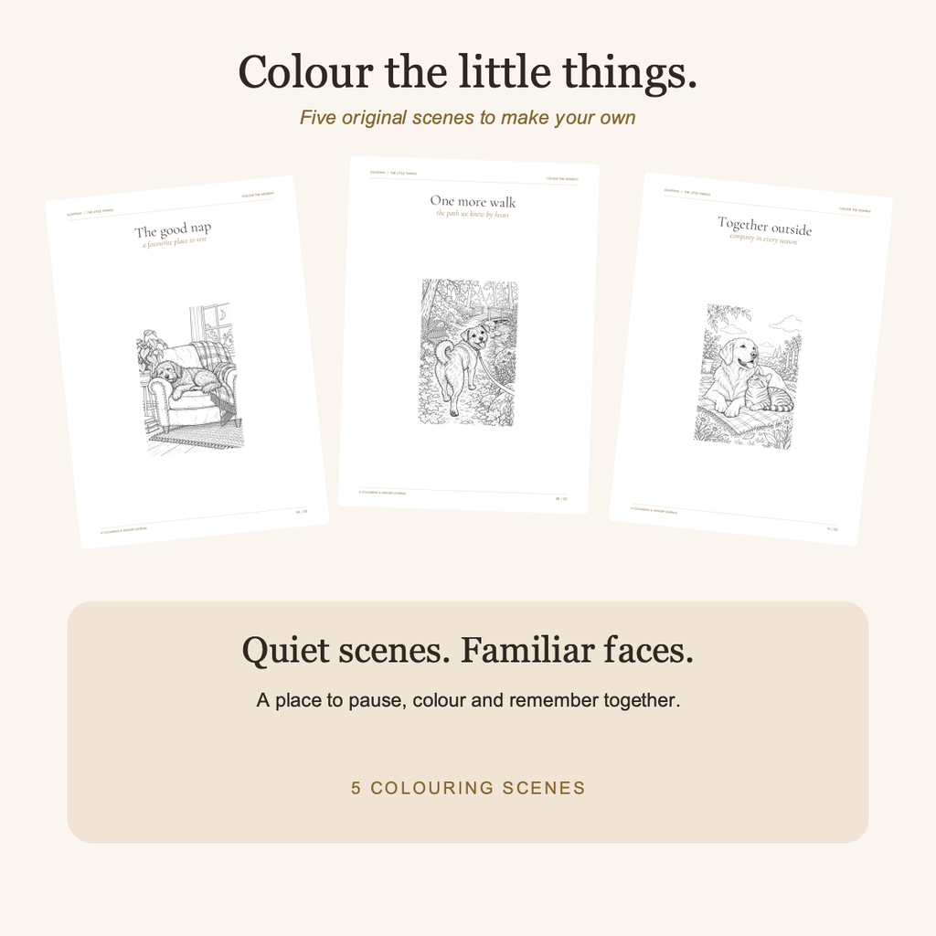 Three actual colouring scene pages from the 20-page GlintPAW pet memory journal