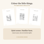 Three actual colouring scene pages from the 20-page GlintPAW pet memory journal