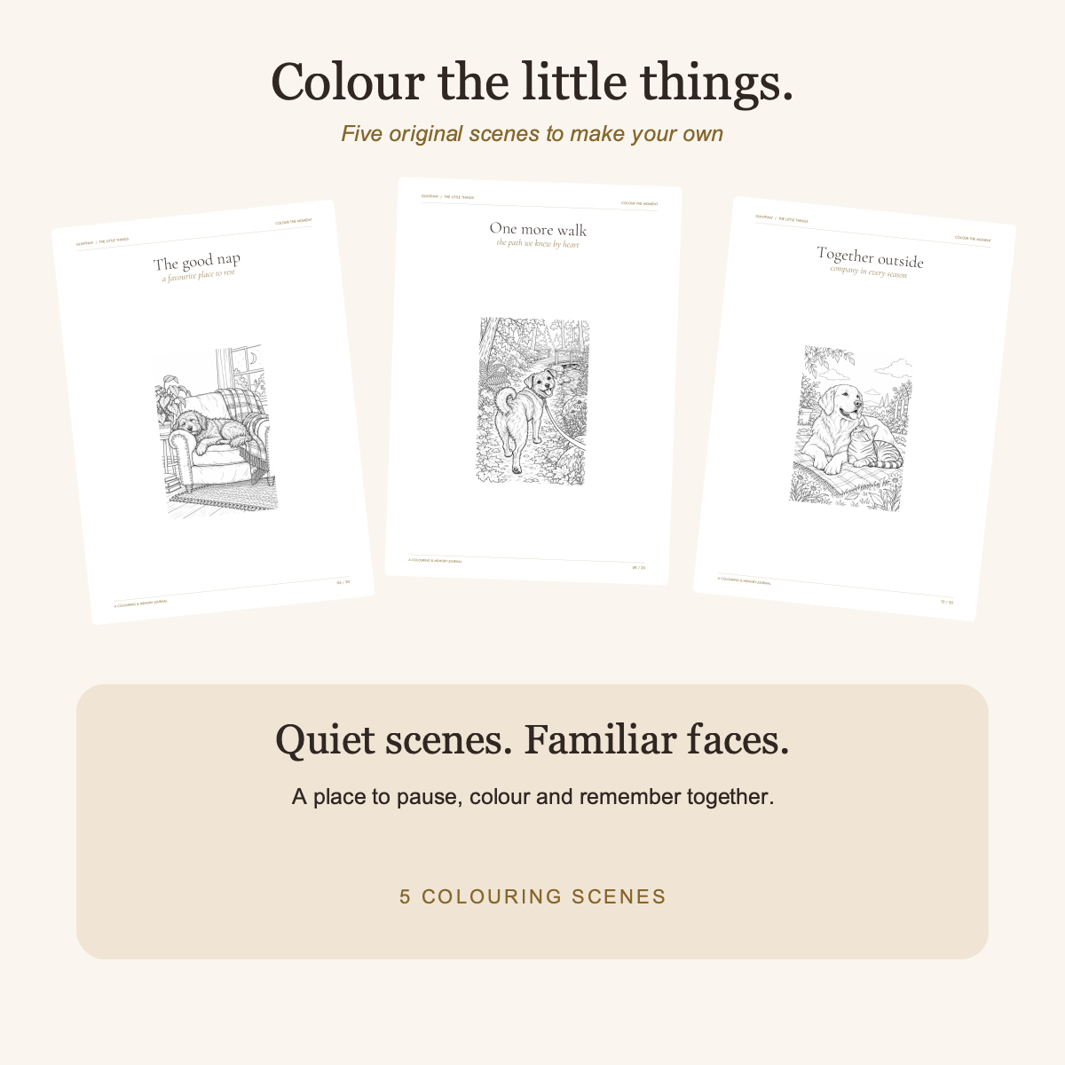 Three actual colouring scene pages from the 20-page GlintPAW pet memory journal