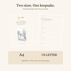 A4 and US Letter journal page previews; two downloadable PDF paper sizes