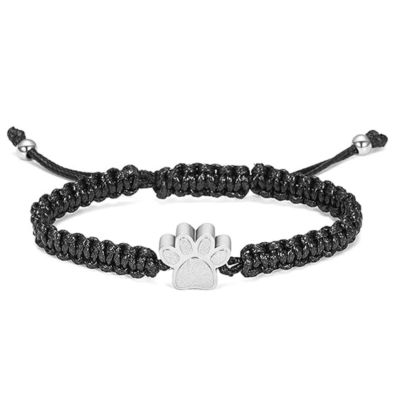 Black braided pet keepsake bracelet with silver-tone paw charm