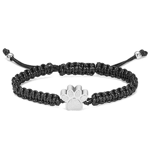 Black braided pet keepsake bracelet with silver-tone paw charm