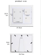 Supplier measurement diagram: white frame 27.9 by 23.5 cm, two photo openings and one impression opening