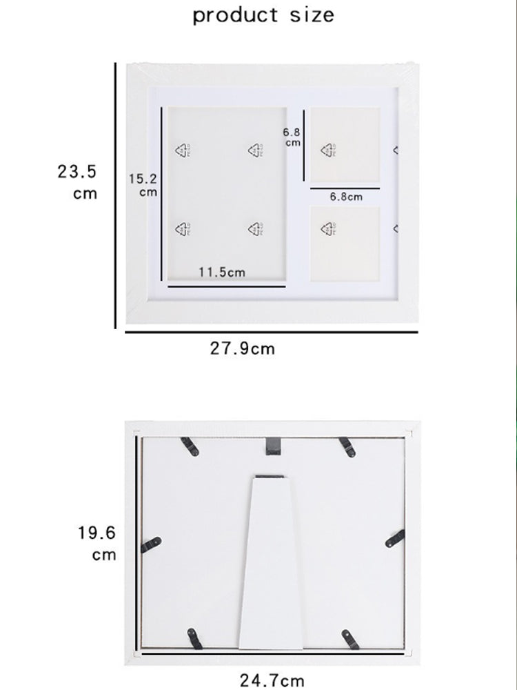 Supplier measurement diagram: white frame 27.9 by 23.5 cm, two photo openings and one impression opening