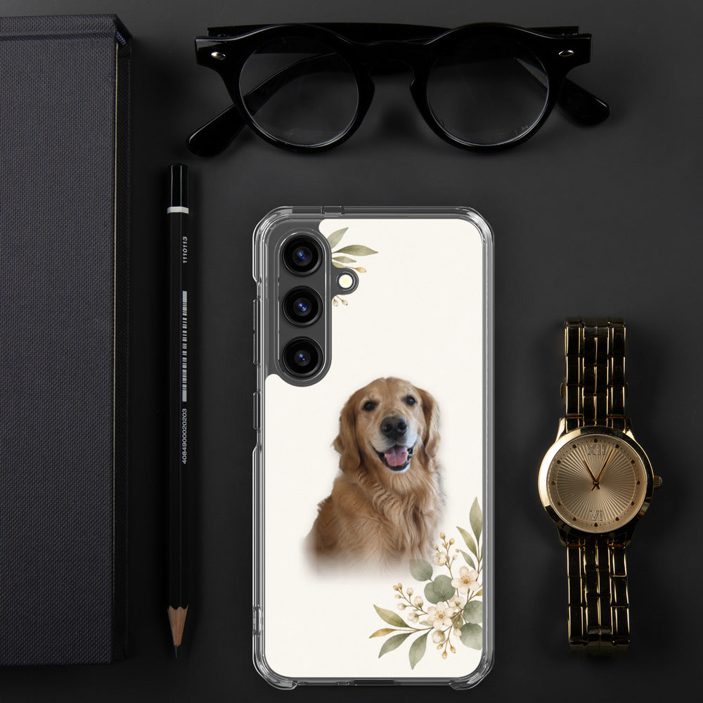 Personalisierte Handyhülle mit Hundefoto auf dem Hintergrund Aquarell-Botanik, für Samsung Galaxy S24