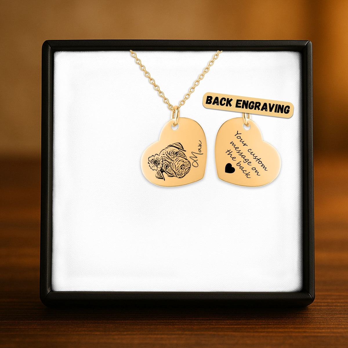 Pet portrait heart necklace engraved from a photo – view 2