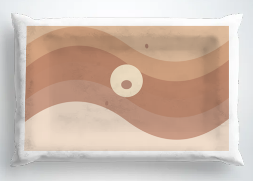Dog Pillow in Sunset Arcs; detail-framed digital concept preview with the print layer aligned to the front surface; not a physical sample or final print proof.