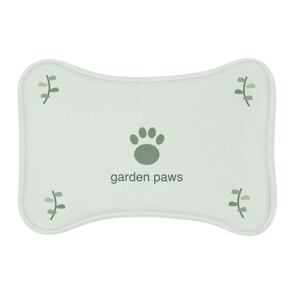 Printify MWW bone-shape pet mat mockup with Garden Paws contour-following design; shape-aware design example
