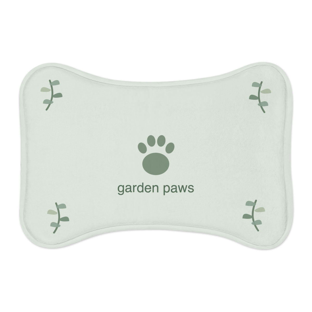 Printify MWW bone-shape pet mat mockup with Garden Paws contour-following design; shape-aware design example
