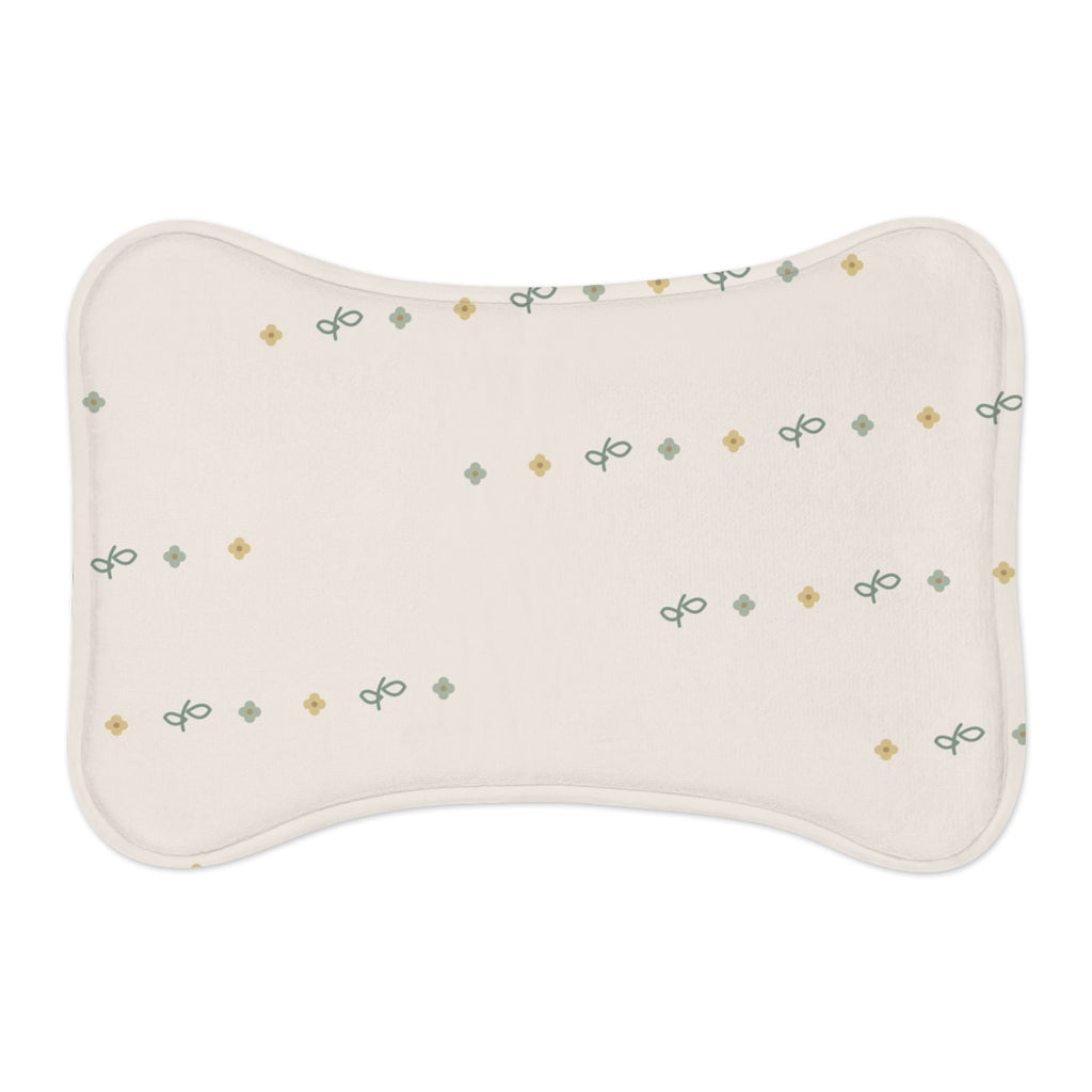 Printify MWW bone-shape pet mat mockup with Meadow Bloom contour-following design; shape-aware design example