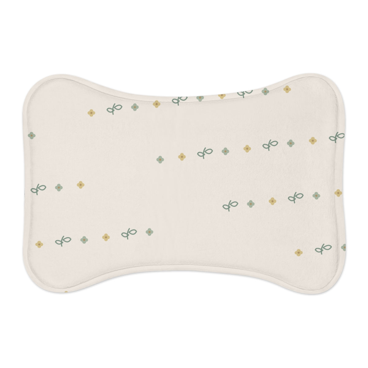 Printify MWW bone-shape pet mat mockup with Meadow Bloom contour-following design; shape-aware design example