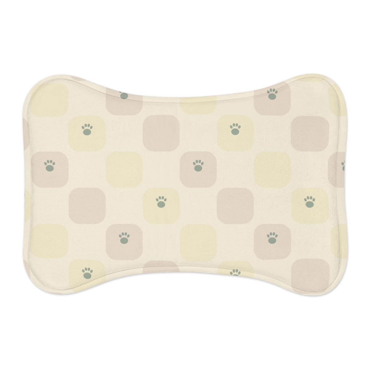 Printify MWW bone-shape pet mat mockup with Playful Check contour-following design; shape-aware design example