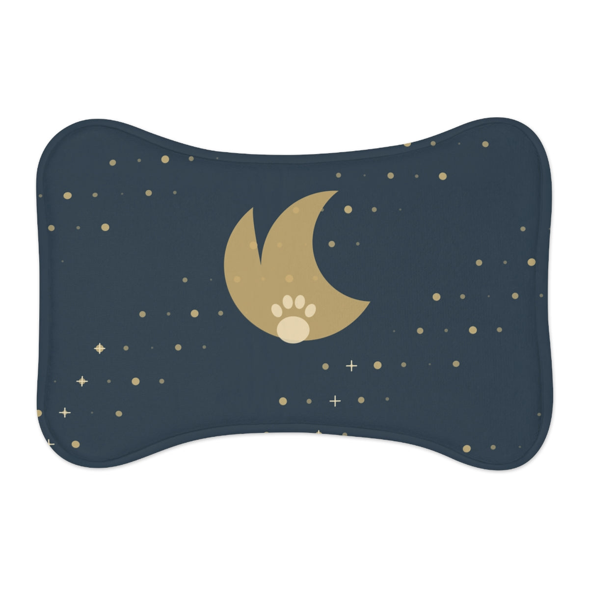 Printify MWW bone-shape pet mat mockup with Starlit Paws contour-following design; shape-aware design example