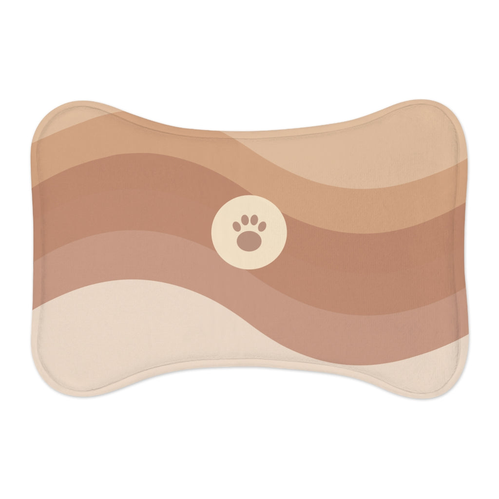 Printify MWW bone-shape pet mat mockup with Sunset Arcs contour-following design; shape-aware design example