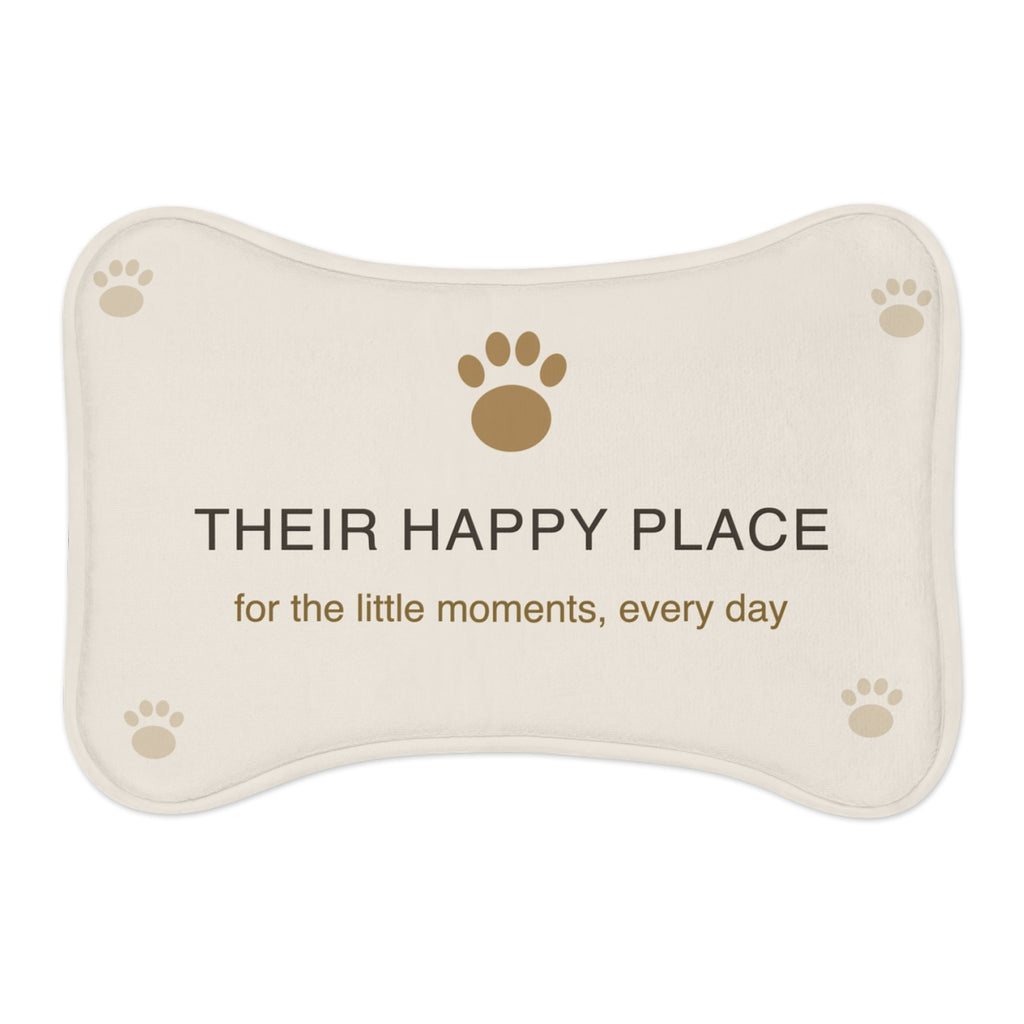 Printify MWW bone-shape pet mat mockup with Their Happy Place contour-following design; shape-aware design example