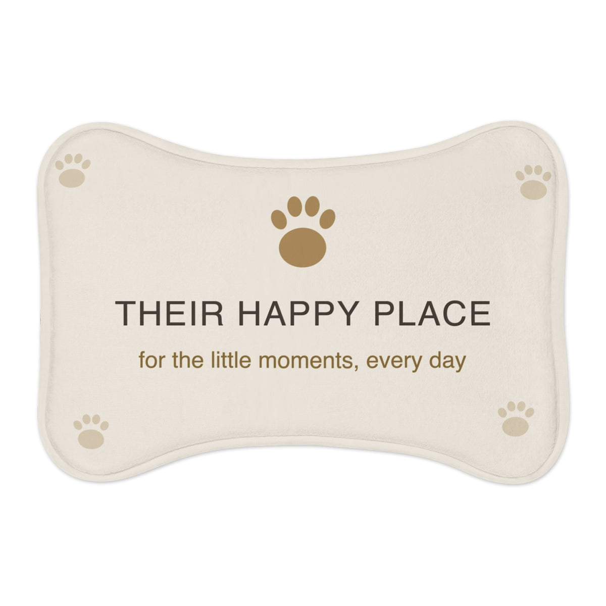 Printify MWW bone-shape pet mat mockup with Their Happy Place contour-following design; shape-aware design example