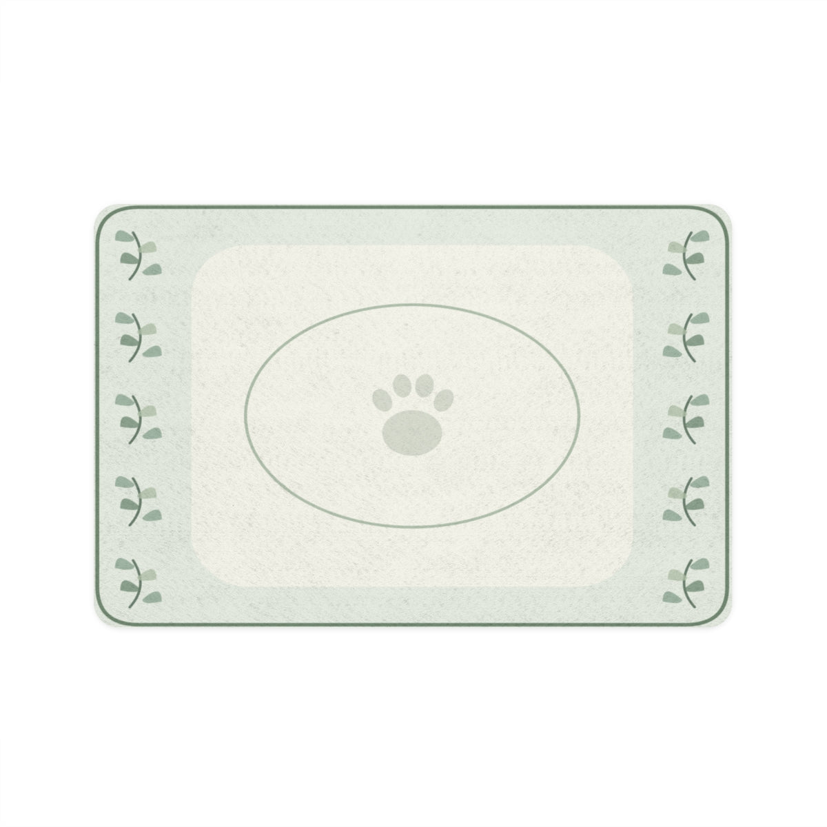 Printed Mint rectangular 12 by 18 inch pet food mat mockup with garden paws design; design example