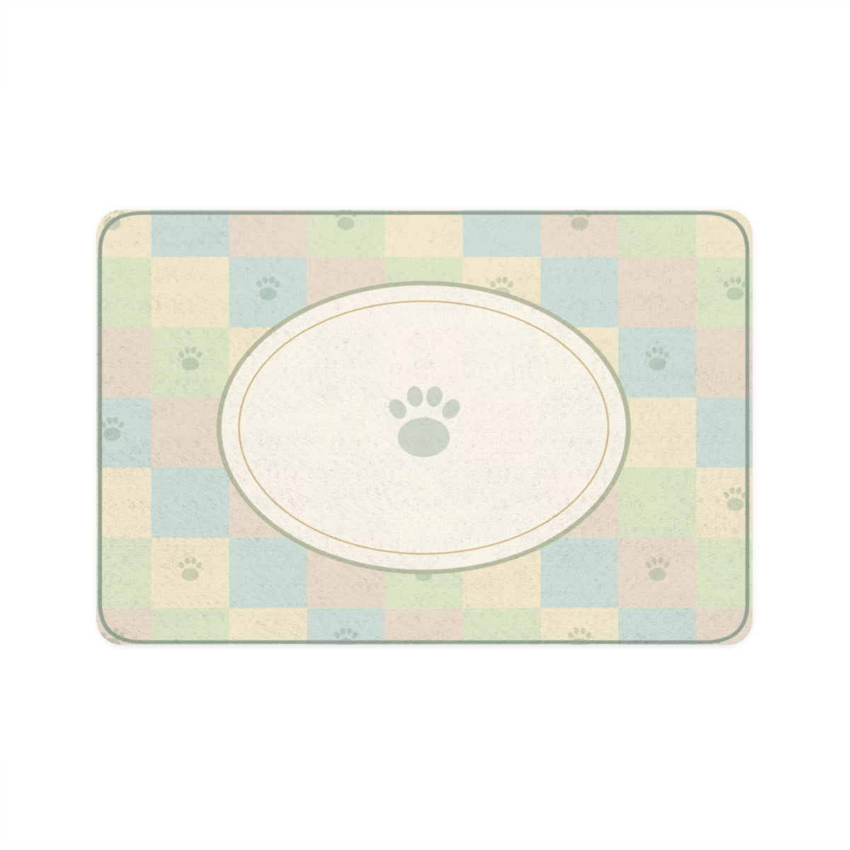 Printed Mint rectangular 12 by 18 inch pet food mat mockup with playful check design; design example
