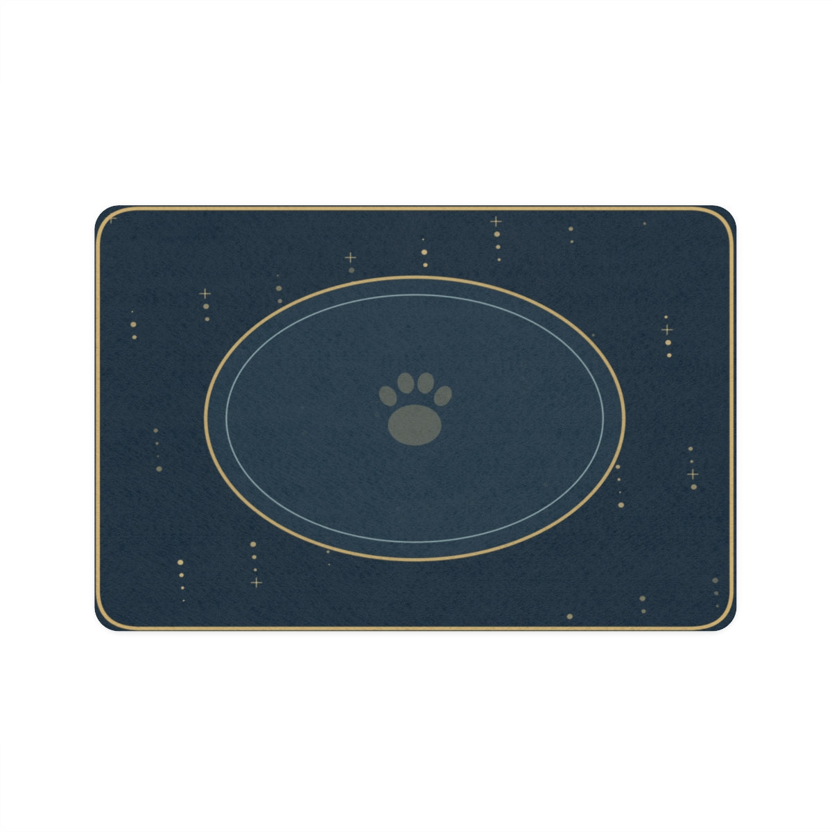 Printed Mint rectangular 12 by 18 inch pet food mat mockup with starlit paws design; design example