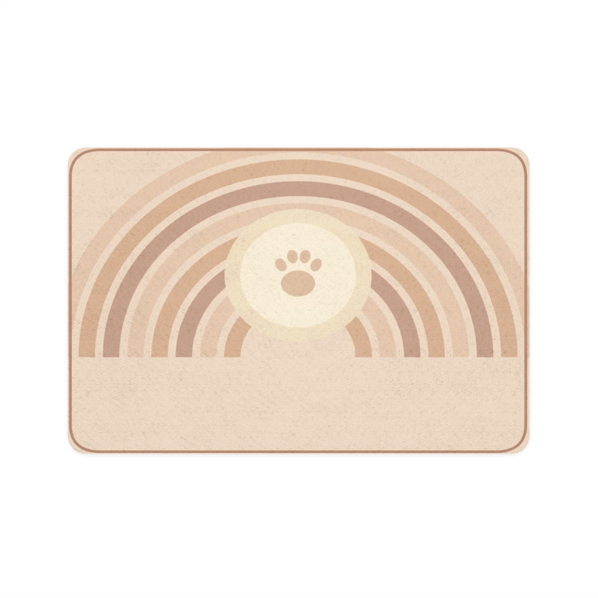 Printed Mint rectangular 12 by 18 inch pet food mat mockup with sunset arcs design; design example