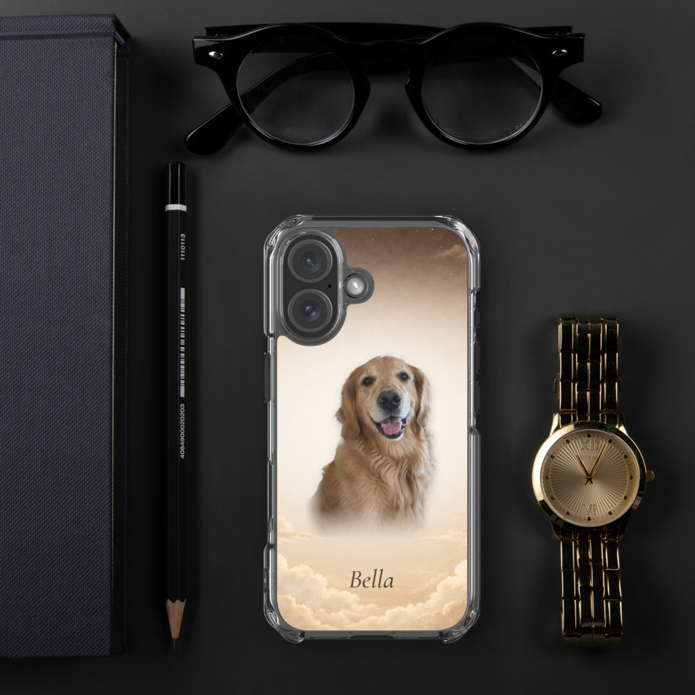 Custom pet portrait phone case with a golden retriever on the Dusk sky background and the name Bella, shown for iPhone 16
