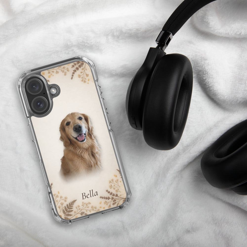 Pet portrait phone case on the Pressed flowers background with the name Bella, lying on a soft white blanket