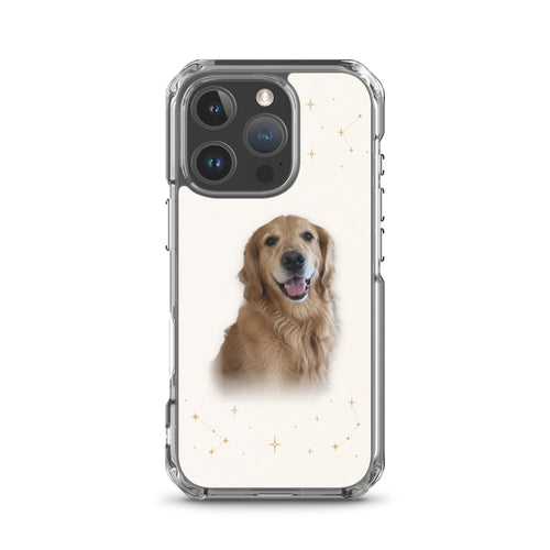 Transparente Handyhülle mit einem Golden Retriever auf dem Hintergrund Goldene Sterne, für iPhone 16 Pro