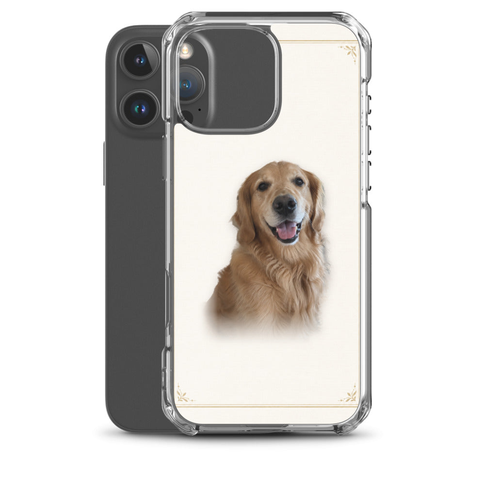 Transparente Handyhülle mit Hundeporträt auf dem schlichten Hintergrund Elfenbein & Gold, für iPhone 16 Pro Max