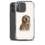 Transparant telefoonhoesje met een hondenportret op de minimalistische achtergrond Ivoor & goud, voor iPhone 16 Pro Max