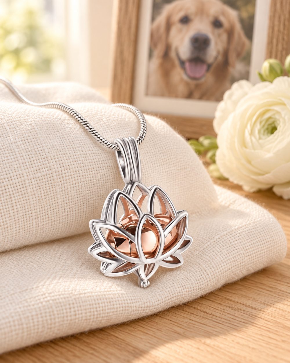 Lotus-Erinnerungsanhänger mit roségoldener Innenkammer auf elfenbeinfarbenem Leinen neben einem gerahmten Foto eines Hundes